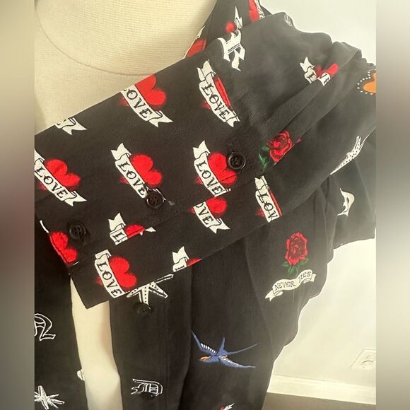 Sandro 'Mellie' 100% Silk Long Sleeve Button Up Women's Blouse With Tattoo Print - Picture 6 of 8